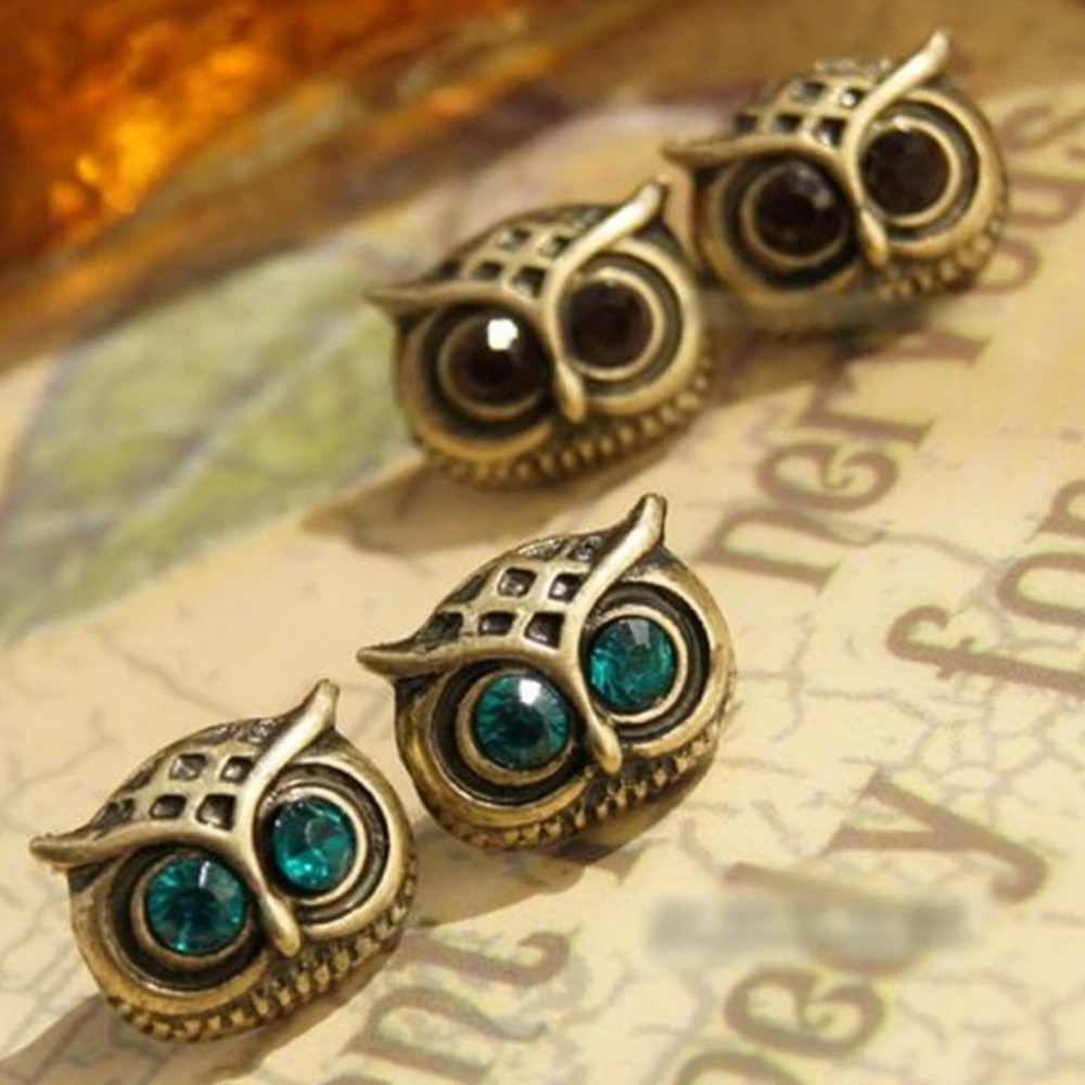 Owl Studs Earrings Blue Jewels Eyes